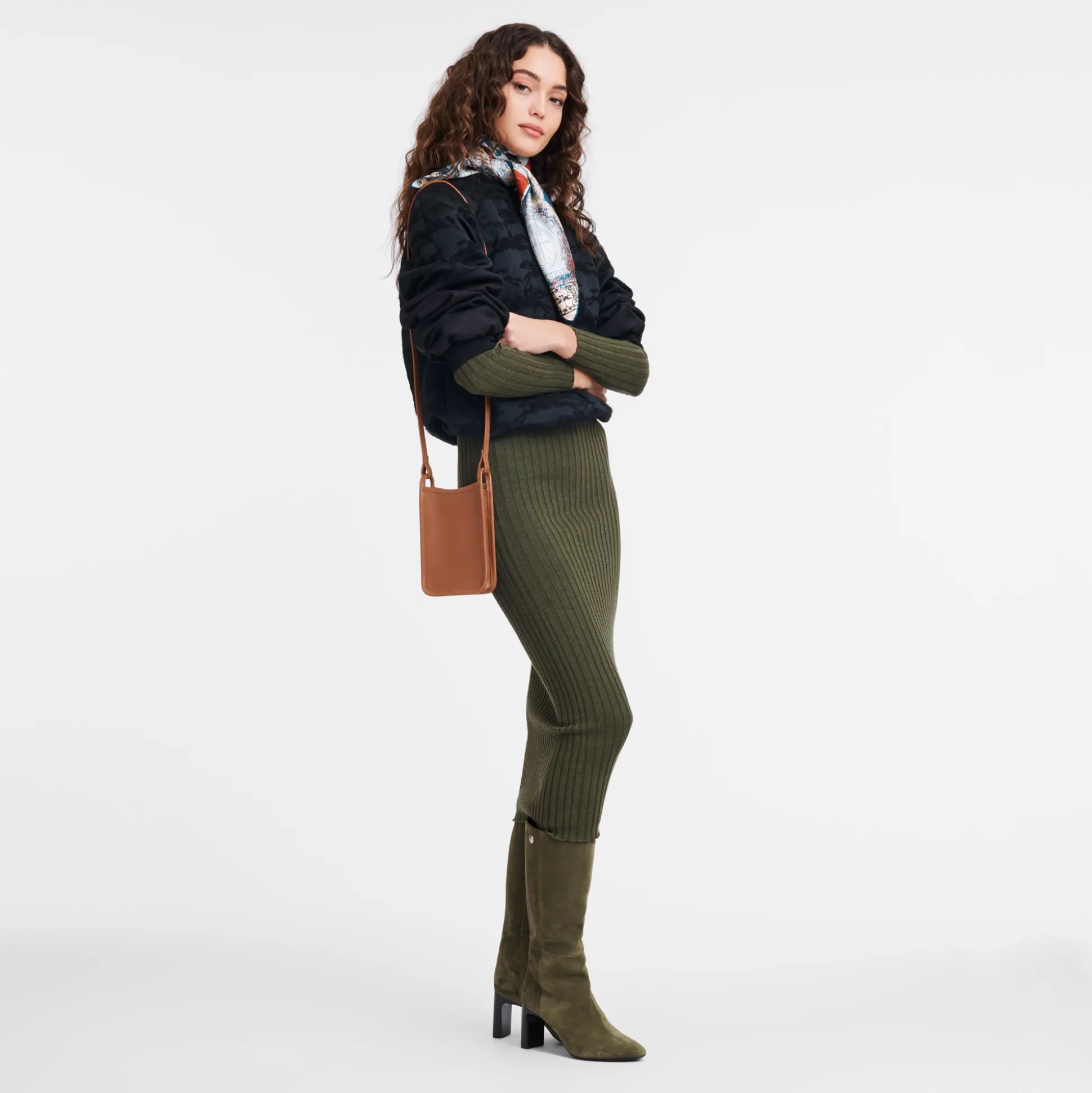 Discount Longchamp Custodia per cellulare con laccio in cuoio Caramello