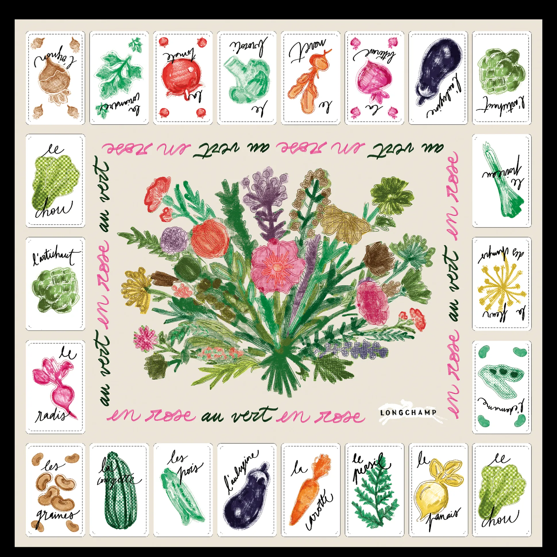 Shop Longchamp Foulard di seta 50 Rosa e verde OTHER - Carta