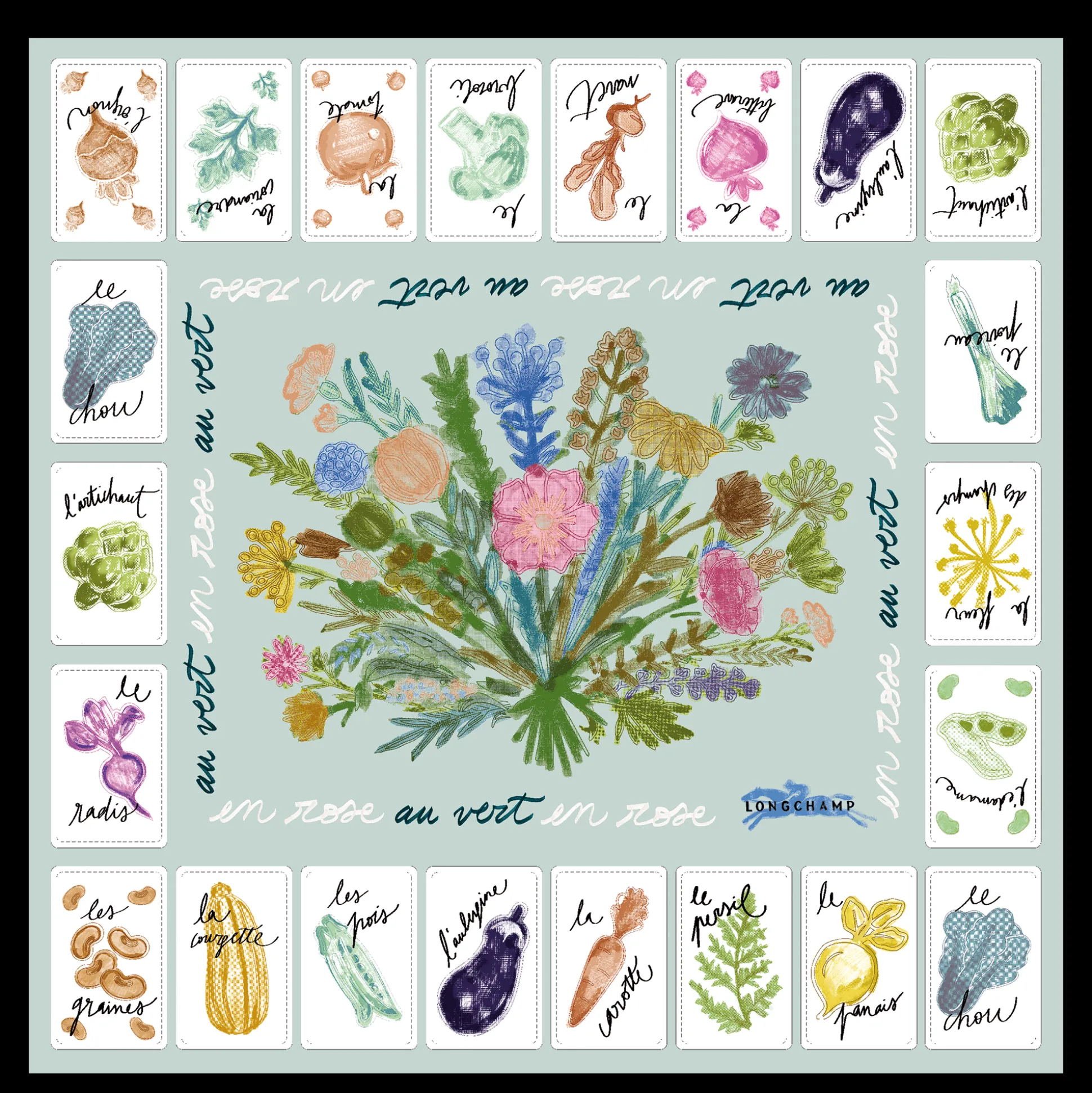 New Longchamp Foulard di seta 50 Rosa e verde OTHER - Verbena