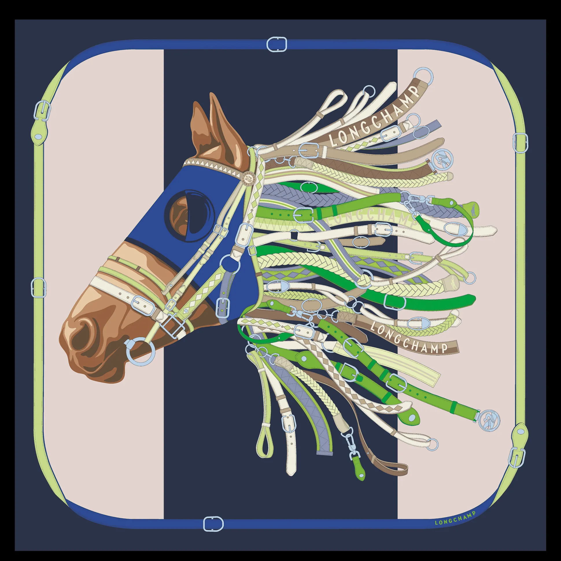 Store Longchamp Foulard di seta 90 Tête de cheval Seta - Marine