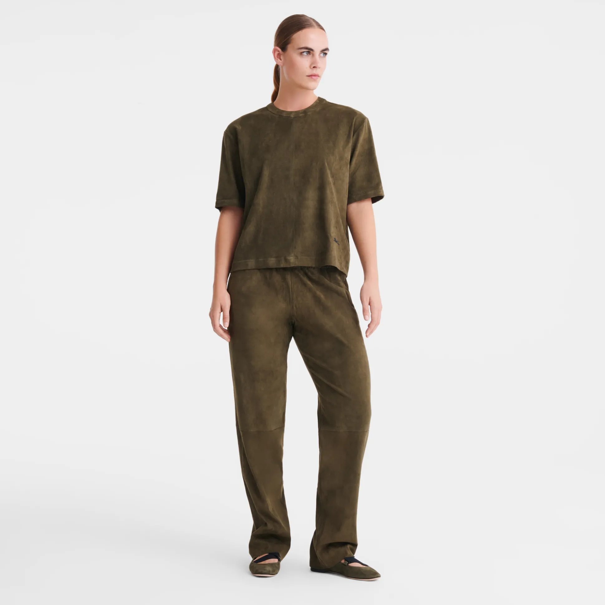 Sale Longchamp Pantaloni dritti in pelle Kaki